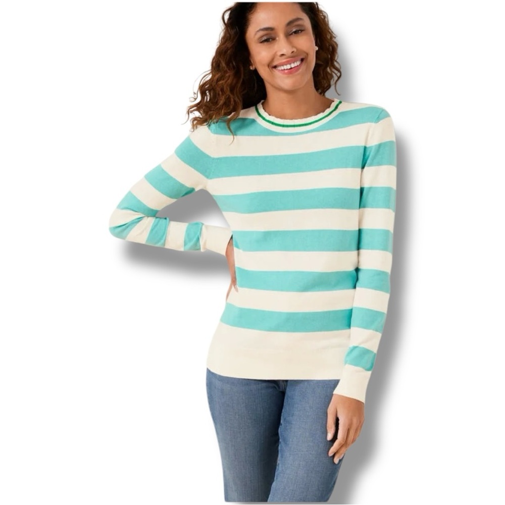 Talbots Turquoise & White Striped Crew Neck Sweater. Women Sz Small Petite NWT